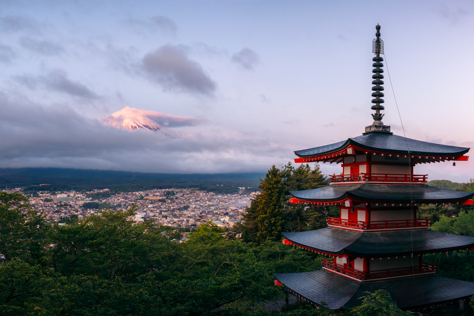 Mount Fuji at dawn from the Chureito Pagoda, Japan